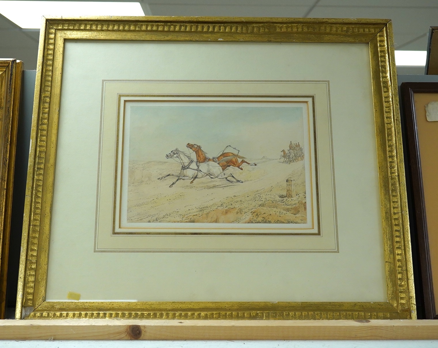 Henry Alken (1784-1851), pencil and watercolour, 'Runaway horses, mail coach', 16 x 23cm. Condition - fair to good